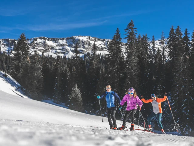 Drei Skifahrer in farbenfroher Kleidung üben Langlauf auf einem verschneiten Weg aus, umgeben von Tannen und Bergen unter einem blauen Himmel.