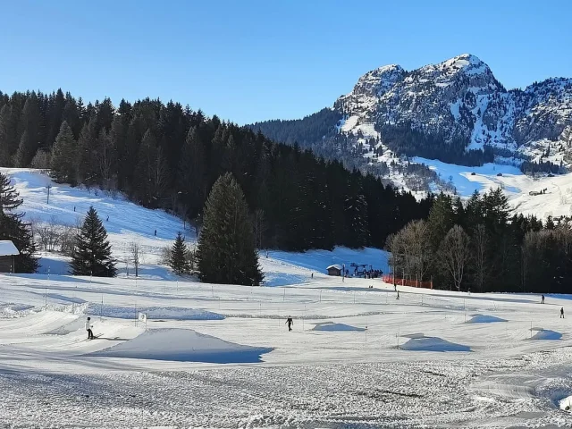 Photo d’un espace de glisse débutant avec quelques skieurs, entouré de sapins et dominé par une montagne rocheuse enneigée sous un ciel bleu clair.