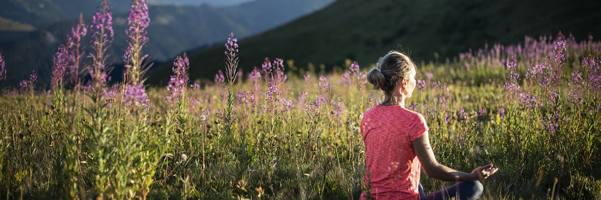 A woman practising yoga in a green mountain field, in the lotus posture, surrounded by violet flowers.