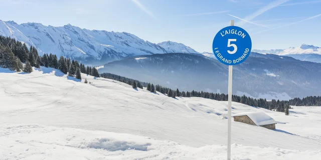 Panneau bleu indiquant la piste L'Aiglon numéro 5 à la station de ski Le Grand Bornand, avec un paysage enneigé et des montagnes en arrière-plan.