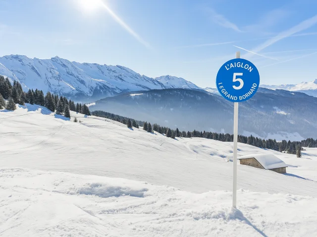 Blue sign indicating L'Aiglon piste number 5 at Le Grand Bornand ski resort, with a snow-covered landscape and mountains in the background.