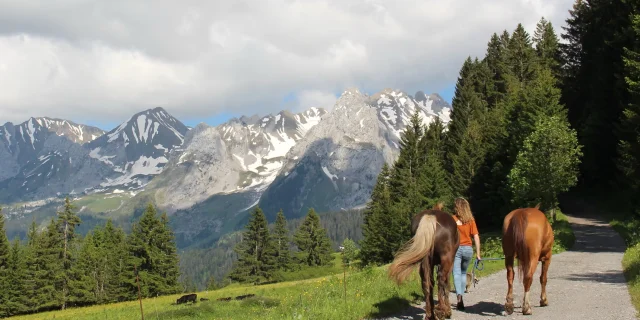 Balade à cheval sur un chemin face à la Chaîne des Aravis