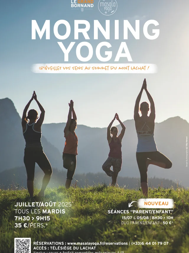 Affiche des séances Morning Yoga organisées en été au sommet du mont Lachat par le Domaine Skiable