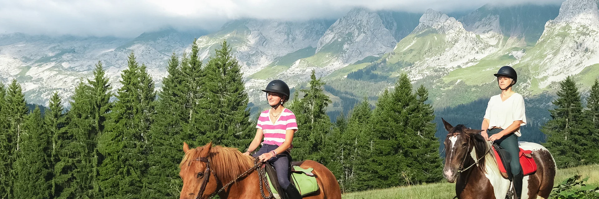 Balade à cheval avec vue sur la chaîne des Aravis et des sapins verdoyants