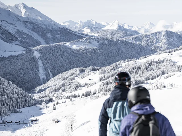 Deux skieurs contemplant la vallée de la Duche