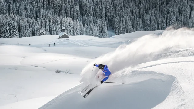 Skieur dévalant une piste et propulsant de la poudreuse