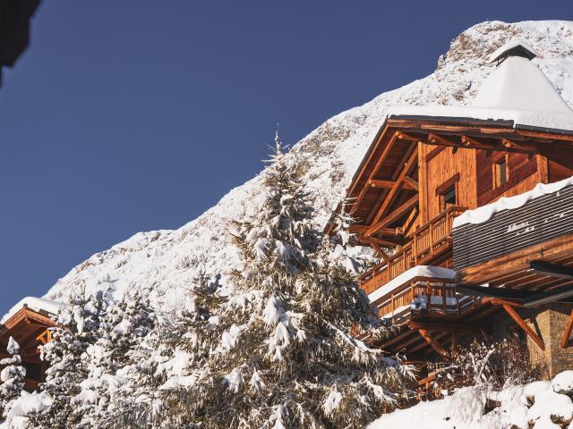 Chalet en bois avec vue juste après une chute de neige aux Deux-Alpes
