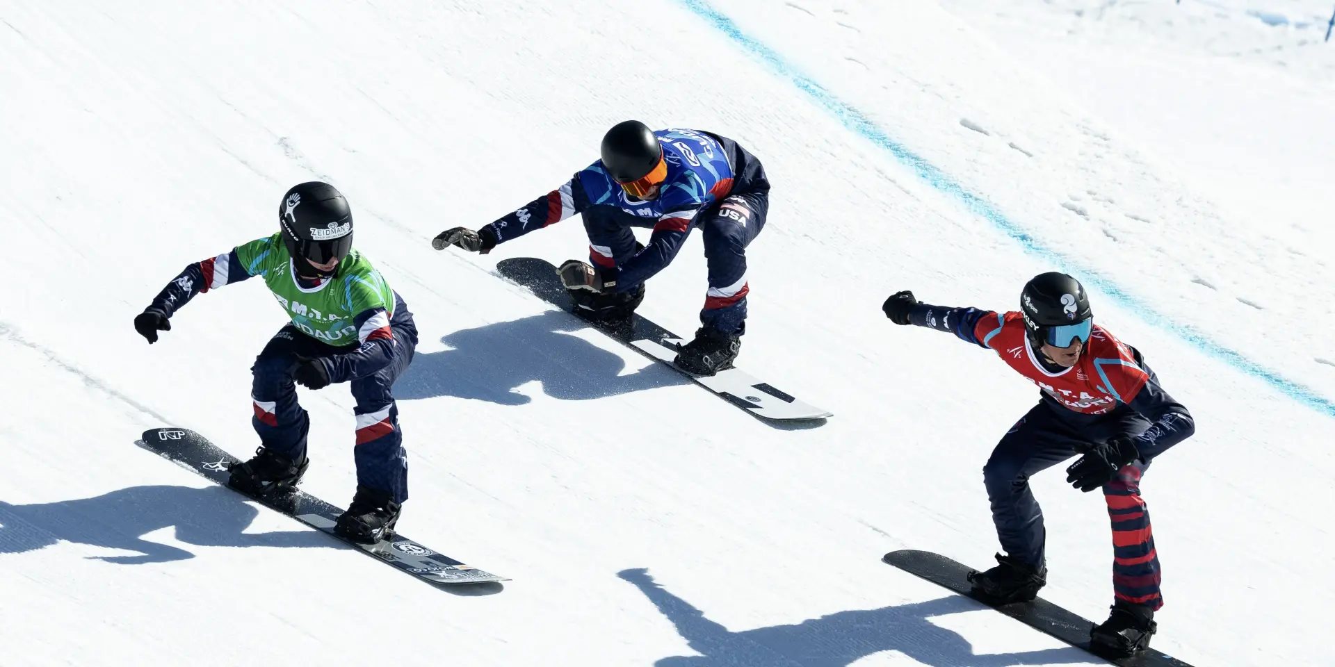 FIS Snowboard World Cup - Gudauri GEO - SBX - PARE Nathan USA in Blue, JUD Valerio SUI in Yellow, VEDDER Jake USA in Green, CHOLLET Aidan FRA in Red © Miha Matavz/FIS
