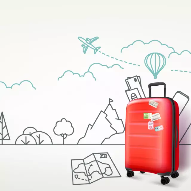 Photoreal red suitcase with cityscape background. World travel vector concept