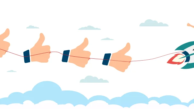 Customer testimonials, testimonials, online survey concept. A group of people evaluates the quality of customer service, writes reviews, leaves reviews. People on rockets in the sky. Customer, user satisfaction. Vector.