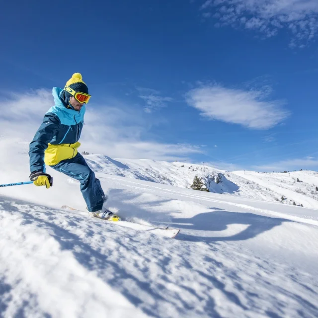 Ski Alpin. Skieur qui dévale les pistes des Saisies