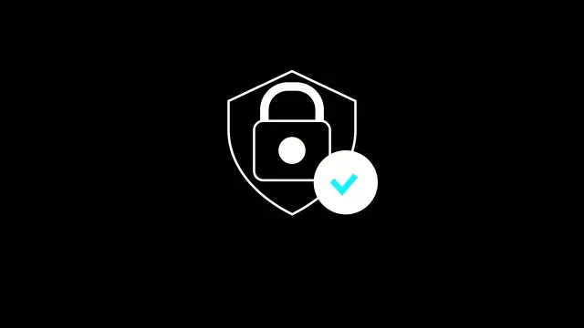 White outlined shield with lock and teal checkmark on a black background symbolizing security and verification