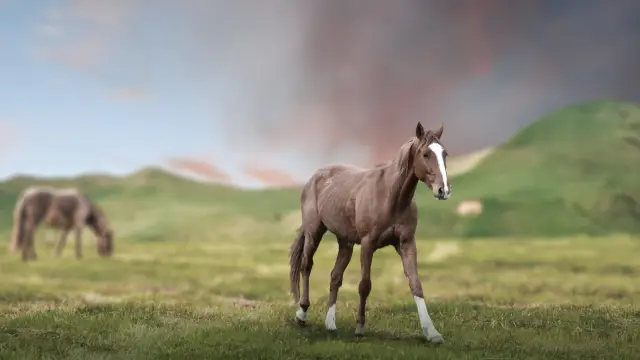 horse in green fields and mountains landscape.