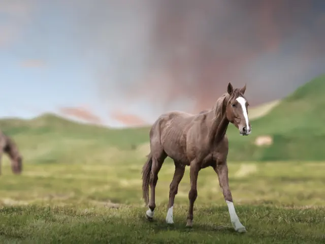 horse in green fields and mountains landscape.
