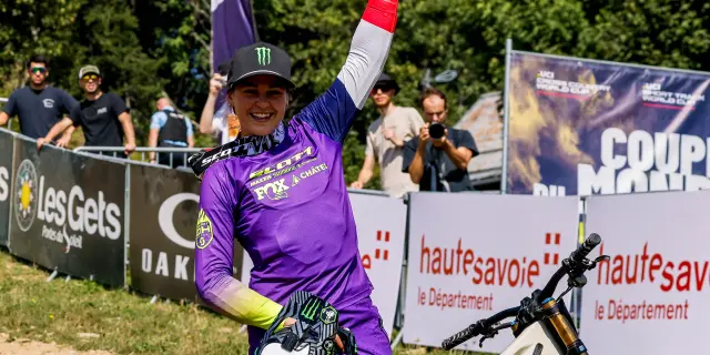FRANCE, LES GETS - SEPTEMBER 09: Marine Cabirou during the UCI Mountain Bike World Cup 2023 Elites Men's and Women's Downhill on September 09, 2023 in Les Gets, France. (Photo by Christophe Pallot/Agence Zoom)