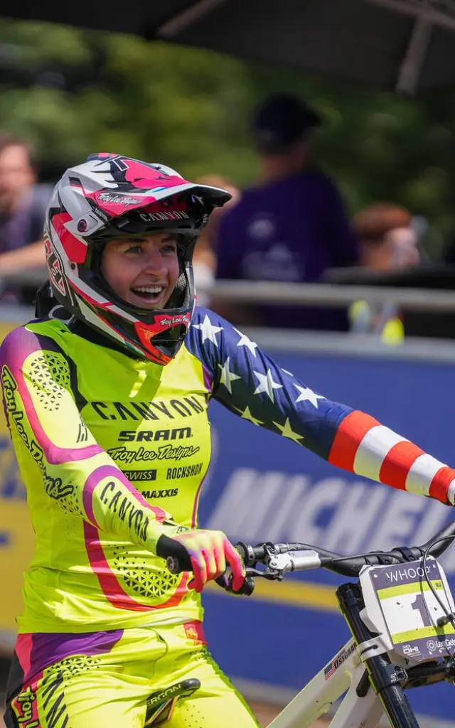 FRANCE, LES GETS, 22 August: Aletha Ostgaard of Team United States competes in the UCI Downhill World Cup | Elite and U23 finals in Les Gets on 22 August 2026, France. (Photo by Mateo Sgambato/Agence Zoom)