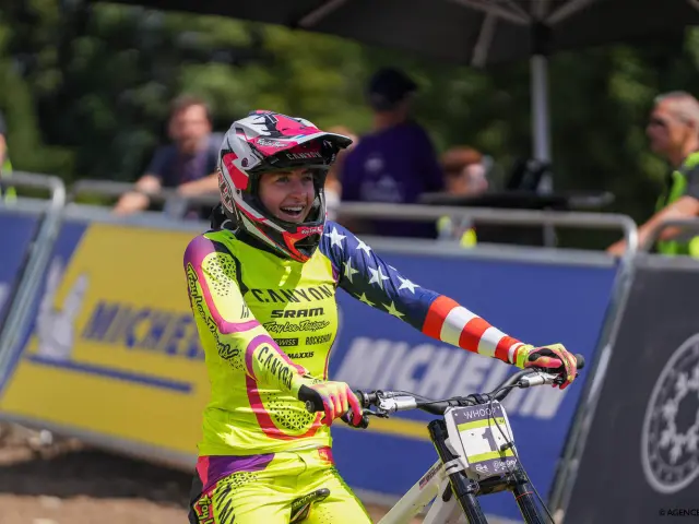 FRANCE, LES GETS 22 aout : Aletha Ostgaard of Team United States competes durant les UCI Downhill World Cup | Finals elite et U23 aux Gets le 22 aout 2026, France. (Photo by Mateo Sgambato/Agence Zoom)