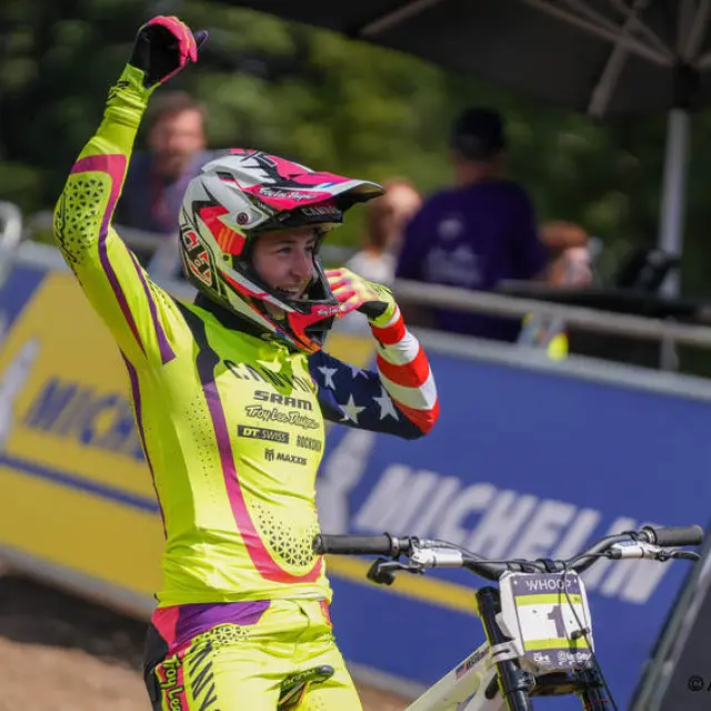 FRANCE, LES GETS 22 aout : Aletha Ostgaard of Team United States competes durant les UCI Downhill World Cup | Finals elite et U23 aux Gets le 22 aout 2026, France. (Photo by Mateo Sgambato/Agence Zoom)