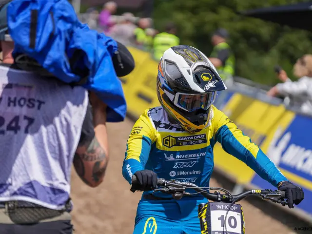 FRANCE, LES GETS 22 aout : Ava Chaumet Lagrange of Team France competes durant les UCI Downhill World Cup | Finals elite et U23 aux Gets le 22 aout 2026, France. (Photo by Mateo Sgambato/Agence Zoom)