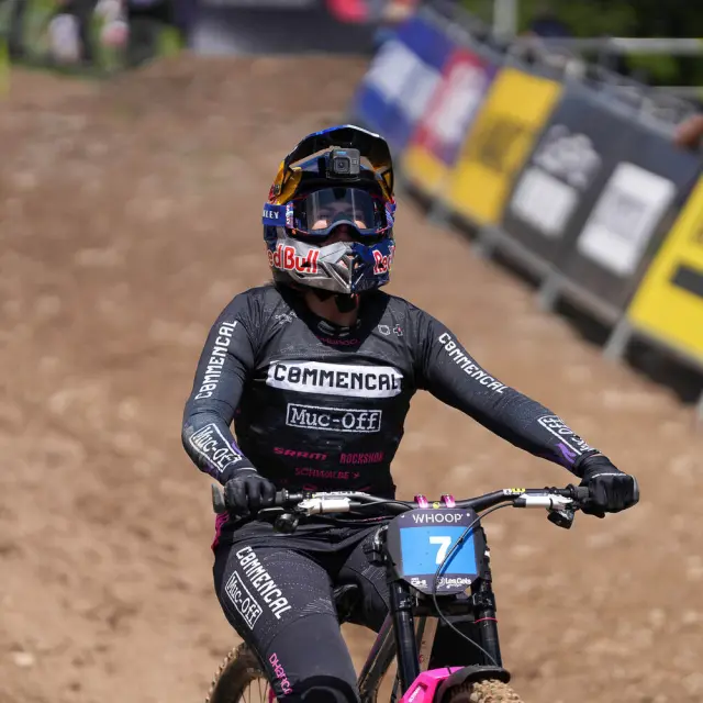 FRANCE, LES GETS 22 aout : Myriam Nicole of Team France competes durant les UCI Downhill World Cup | Finals elite et U23 aux Gets le 22 aout 2026, France. (Photo by Mateo Sgambato/Agence Zoom)