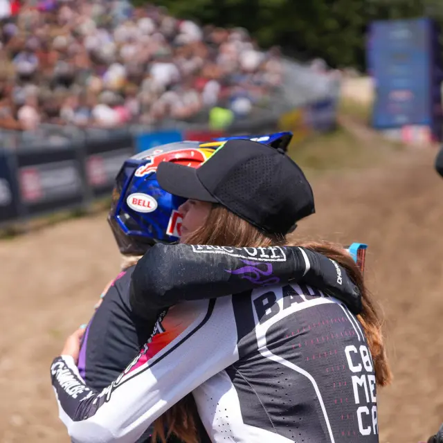 FRANCE, LES GETS 22 aout : Myriam Nicole of Team France competes durant les UCI Downhill World Cup | Finals elite et U23 aux Gets le 22 aout 2026, France. (Photo by Mateo Sgambato/Agence Zoom)