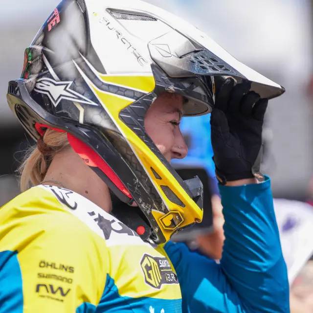 FRANCE, LES GETS 22 aout : Ava Chaumet Lagrange of Team France competes durant les UCI Downhill World Cup | Finals elite et U23 aux Gets le 22 aout 2026, France. (Photo by Mateo Sgambato/Agence Zoom)