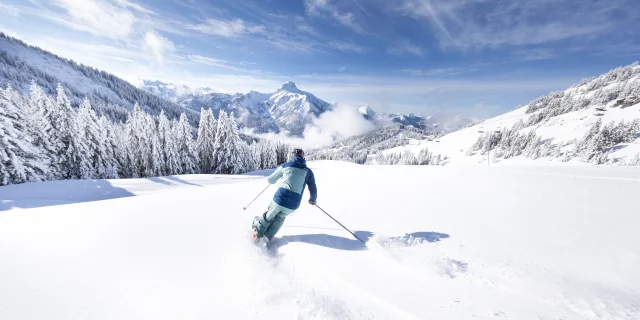 Photographies de ski et paysages du secteur de Braitaz, La Chapelle d’Abondance (Portes du Soleil, Vallée d’Abondance). Mont Grange enneigé, sapins sous la neige, ambiance First Track avec pistes immaculées.