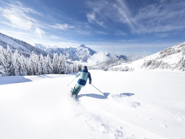 Photographies de ski et paysages du secteur de Braitaz, La Chapelle d’Abondance (Portes du Soleil, Vallée d’Abondance). Mont Grange enneigé, sapins sous la neige, ambiance First Track avec pistes immaculées.