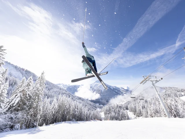 Ski- und Landschaftsfotografien aus der Gegend von Braitaz, La Chapelle d'Abondance (Portes du Soleil, Vallée d'Abondance). Verschneiter Mont Grange, Tannen unter Schnee, First-Track-Atmosphäre mit makellosen Pisten.