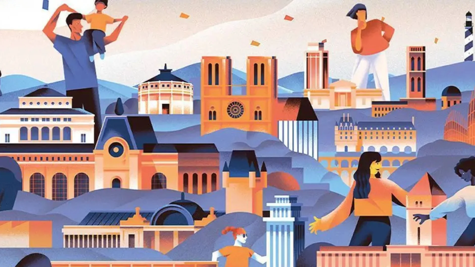 Illustration colorée représentant des monuments emblématiques de France, mêlés à des scènes de vie conviviales dans un paysage vallonné.