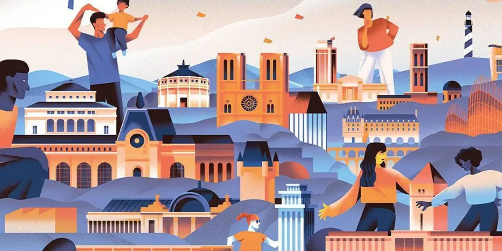 Illustration colorée représentant des monuments emblématiques de France, mêlés à des scènes de vie conviviales dans un paysage vallonné.