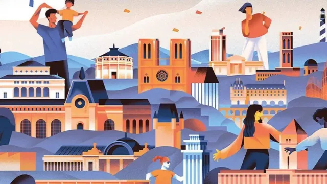 Illustration colorée représentant des monuments emblématiques de France, mêlés à des scènes de vie conviviales dans un paysage vallonné.
