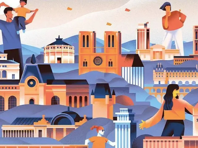 Illustration colorée représentant des monuments emblématiques de France, mêlés à des scènes de vie conviviales dans un paysage vallonné.