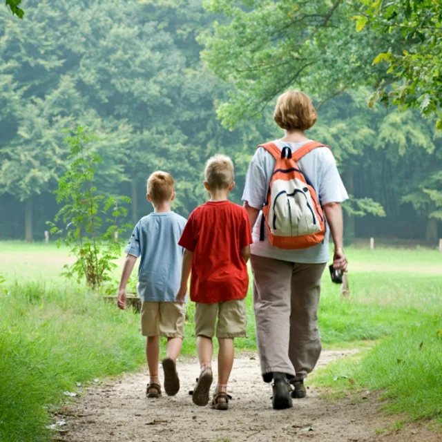 Une femme et deux enfants marchent sur un sentier dans la nature, entourés de verdure, en direction d’un bois .
