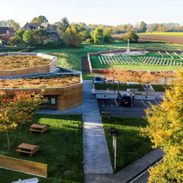 Vue aérienne du Musée de la Bataille de Fromelles et du cimetière militaire adjacent, entourés de maisons et de champs verdoyants.