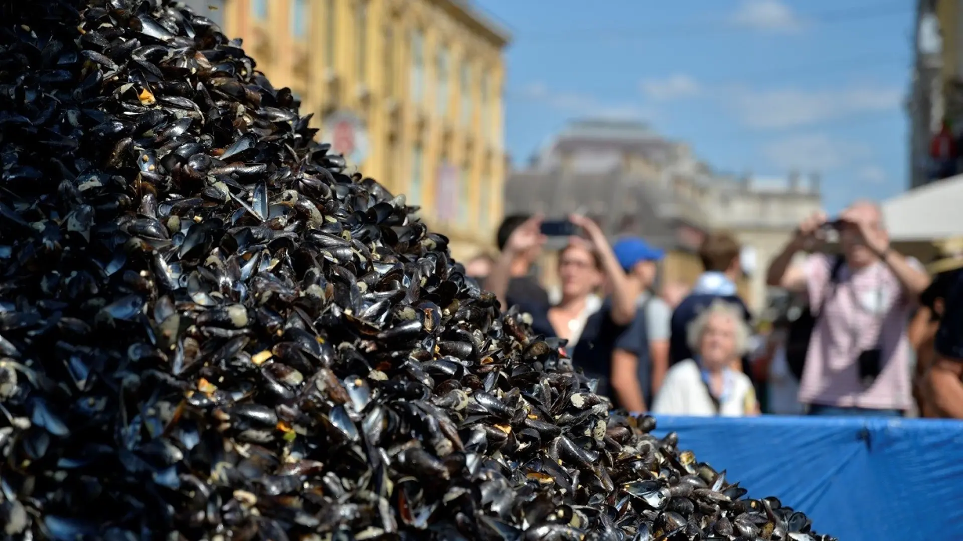 Montagne de coquilles de moules vides sur une place de Lille, entourée de visiteurs lors de la Braderie sous un ciel bleu.