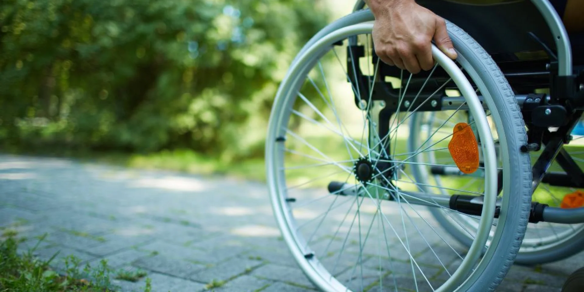 Un homme en fauteuil roulant se déplace sur une allée pavée bordée de verdure, en autonomie, par une journée ensoleillée.