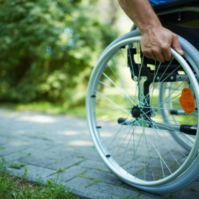 Un homme en fauteuil roulant se déplace sur une allée pavée bordée de verdure, en autonomie, par une journée ensoleillée.
