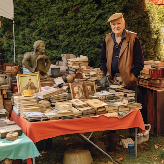 Warme en uitnodigende Oostenrijkse verkoper bij een garageverkoop in de buurt, met een scala aan gebruikte boeken en antieke decoraties, met een divers publiek dat geniet van de jacht op schatten in een goed onderhouden achtertuin in een buitenwijk --ar 3:2 --stylize 1000 --v 5.1 Job ID: ff237127-4b43-43d6-b851-153699c7339e