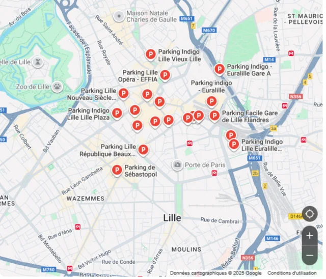 Carte des parkings sur la ville de Lille