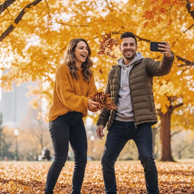 Un couple se prend en photo dans un parc avec des arbres aux couleurs d'automne, en cœur de ville.