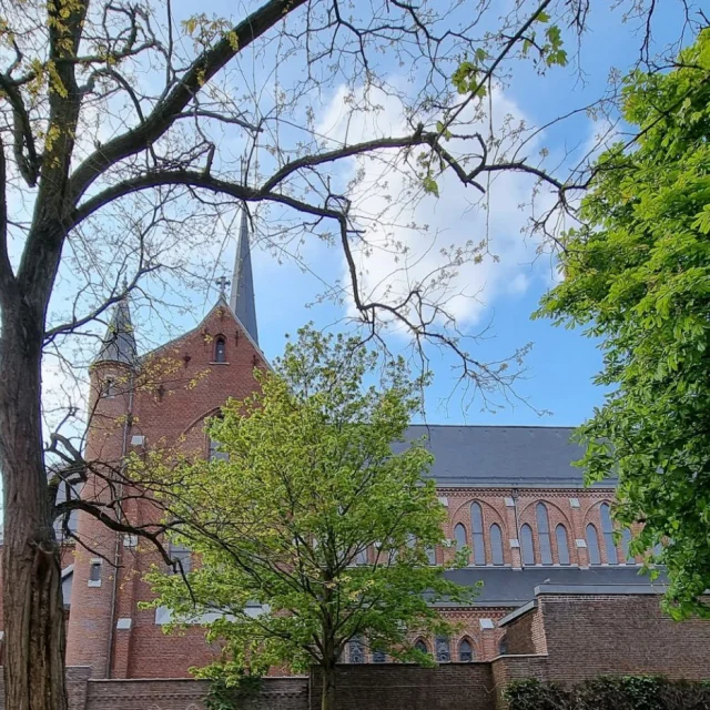 Vue de l’église Saint-Joseph de Roubaix, en briques rouges, partiellement cachée par des arbres aux feuillages printaniers sous un ciel bleu.