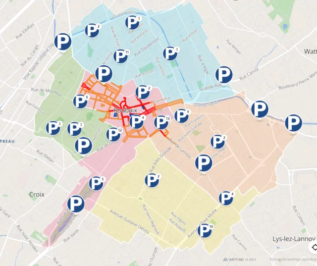 carte avec les emplacements de plusieurs parkings voiture dans la ville de Roubaix