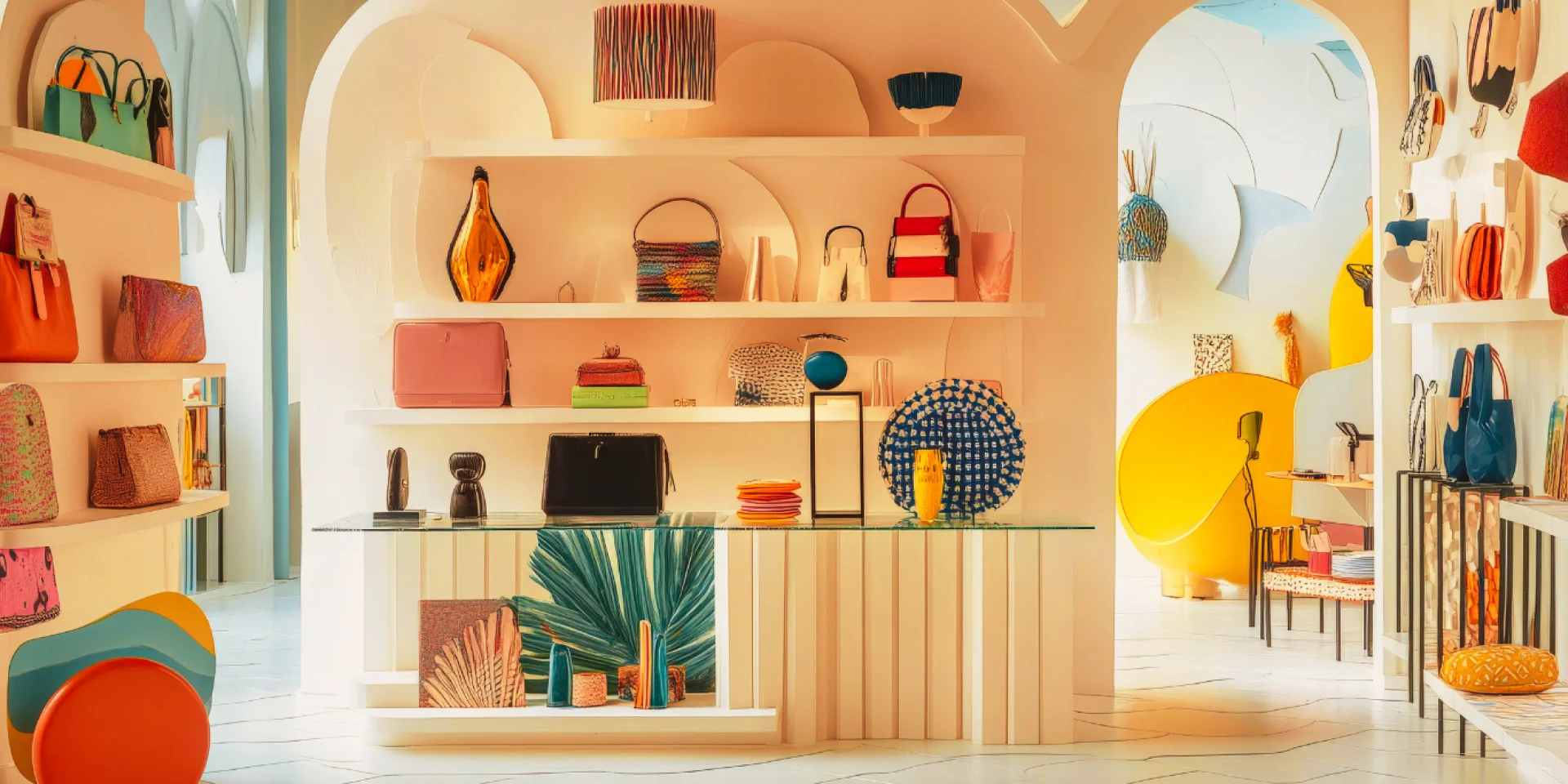 Concept store lumineux aux tons pastel, exposant sacs, objets design et accessoires artisanaux.
