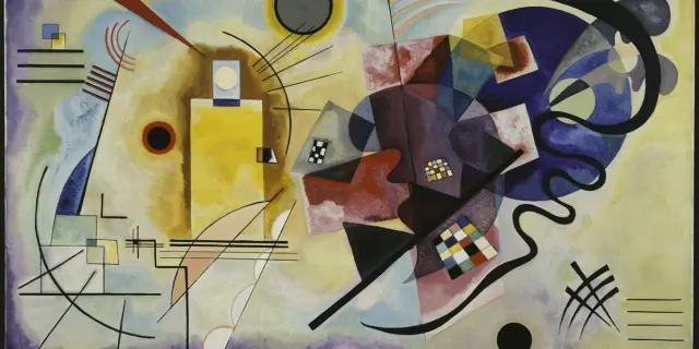 Abstract painting with coloured geometric shapes, circles, lines and flat areas, evoking rhythm and movement in a non-figurative composition.