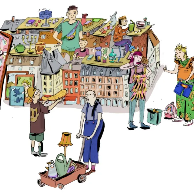 Illustration de la Vieille Bourse de Lille anim&eacute;e par des bouquinistes pr&eacute;sentant livres, affiches et tableaux autour du monument.