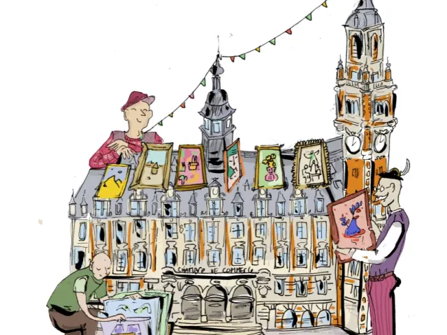 Illustration de la Braderie de Lille avec des chineurs et des étals d'objets d'occasion installés devant la façade du Beffroi de la Chambre de Commerces de Lille