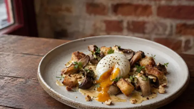 Œuf mollet au jaune coulant, servi avec des champignons rôtis, des croûtons, des noisettes et des herbes fraîches.