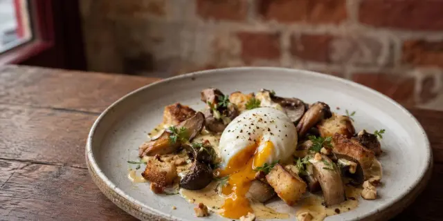 Œuf mollet au jaune coulant, servi avec des champignons rôtis, des croûtons, des noisettes et des herbes fraîches.