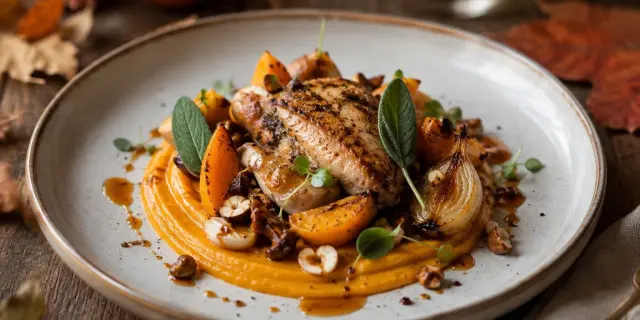 Volaille rôtie servie sur une purée de courge, accompagnée de légumes d’automne, noisettes, sauge et jus de cuisson.